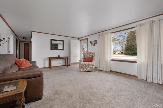 living room featuring ornamental molding and light colored carpet