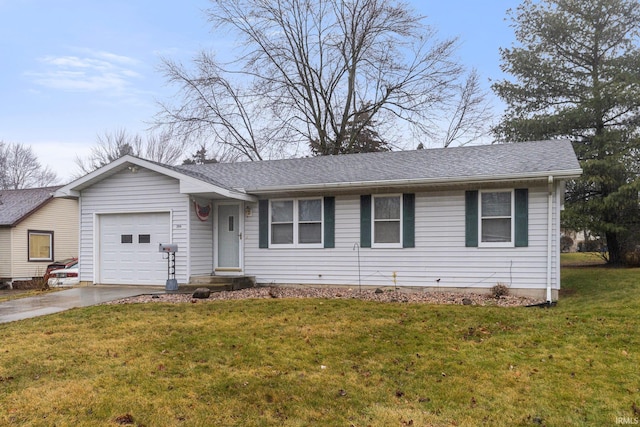 single story home featuring a garage and a front lawn