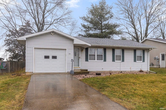 ranch-style house with a garage and a front yard