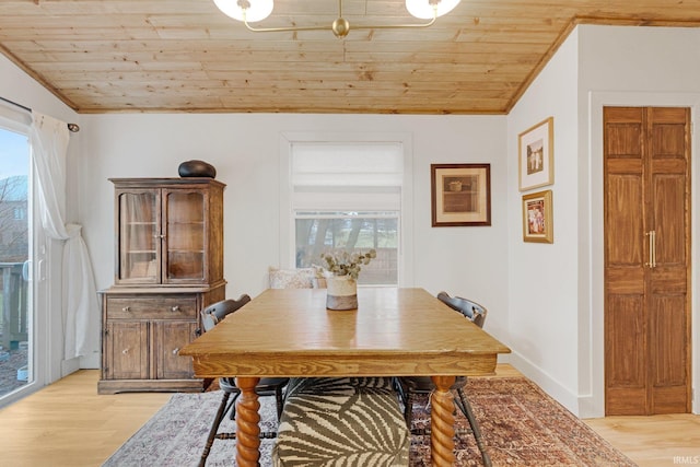 dining room featuring lofted ceiling, ornamental molding, wooden ceiling, and light wood-type flooring