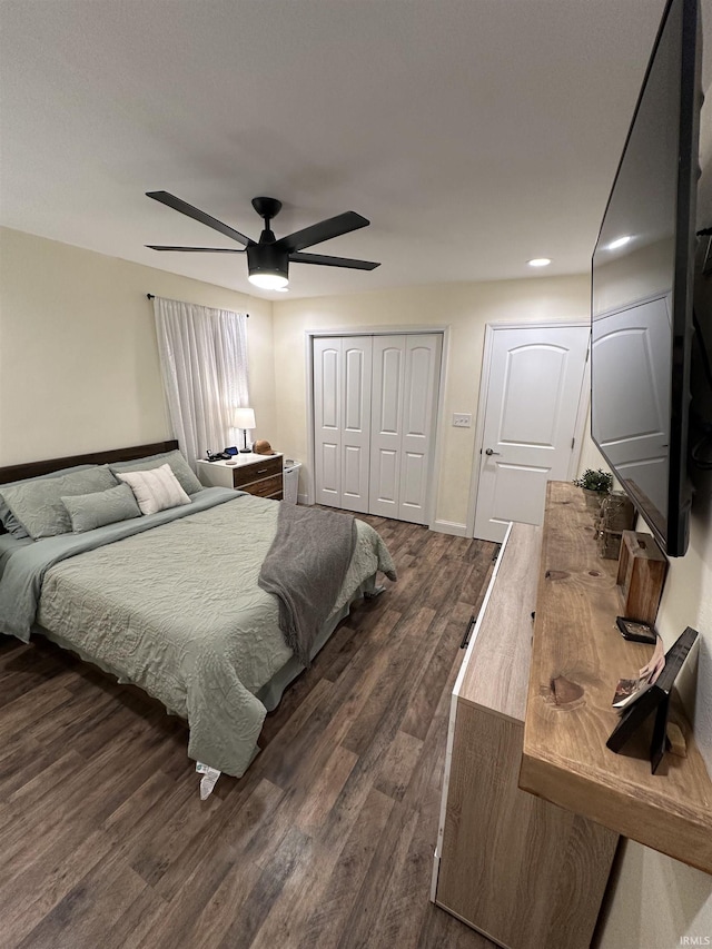 bedroom featuring dark hardwood / wood-style flooring, a closet, and ceiling fan