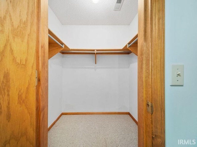 walk in closet featuring light colored carpet