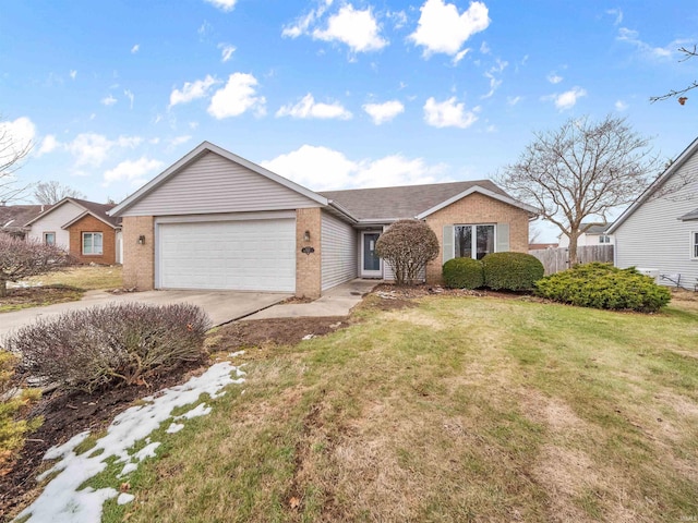 single story home featuring a garage and a front lawn