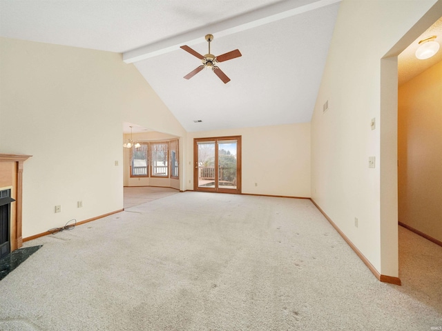 unfurnished living room with beamed ceiling, ceiling fan with notable chandelier, and light colored carpet