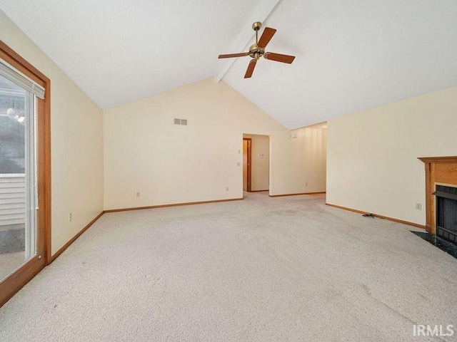 unfurnished living room featuring light carpet, beam ceiling, high vaulted ceiling, and ceiling fan