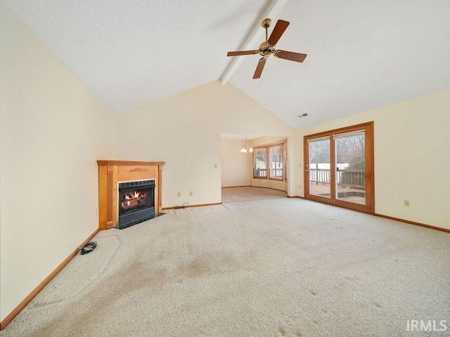 unfurnished living room featuring high vaulted ceiling, a textured ceiling, light colored carpet, beam ceiling, and ceiling fan with notable chandelier