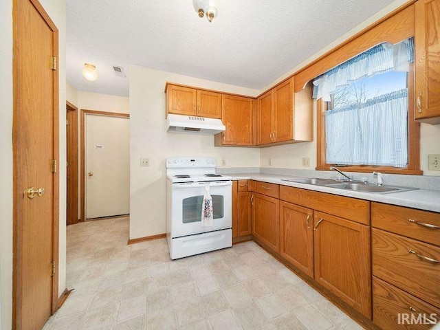 kitchen with sink, a textured ceiling, and white electric range oven