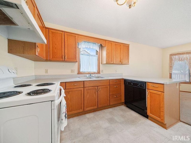 kitchen featuring sink, black dishwasher, white electric range oven, kitchen peninsula, and a textured ceiling