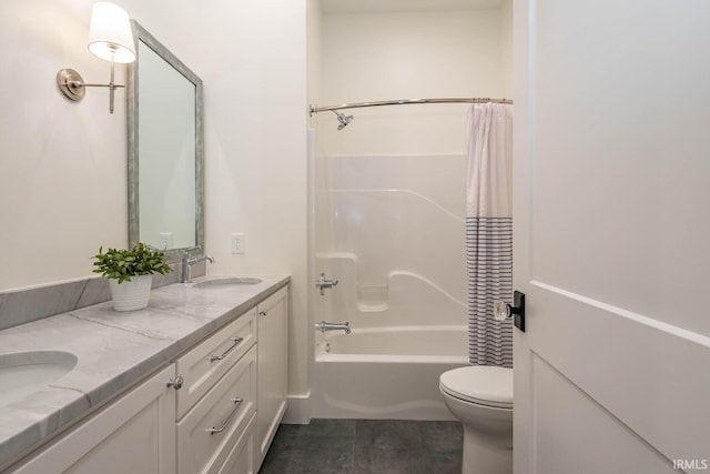 5026 N Muirfield Dr, Bloomington, IN 47404 - full bathroom featuring toilet, vanity, shower / bathtub combination with curtain, and tile patterned flooring
