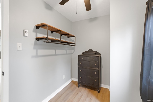 spacious closet with light hardwood / wood-style floors and ceiling fan