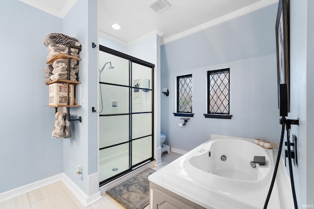 bathroom with crown molding, lofted ceiling, plus walk in shower, and toilet