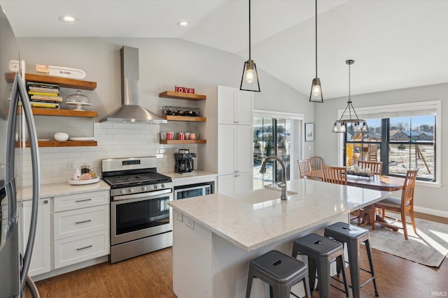 kitchen with white cabinetry, appliances with stainless steel finishes, sink, and wall chimney exhaust hood