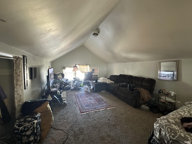 carpeted living room with vaulted ceiling