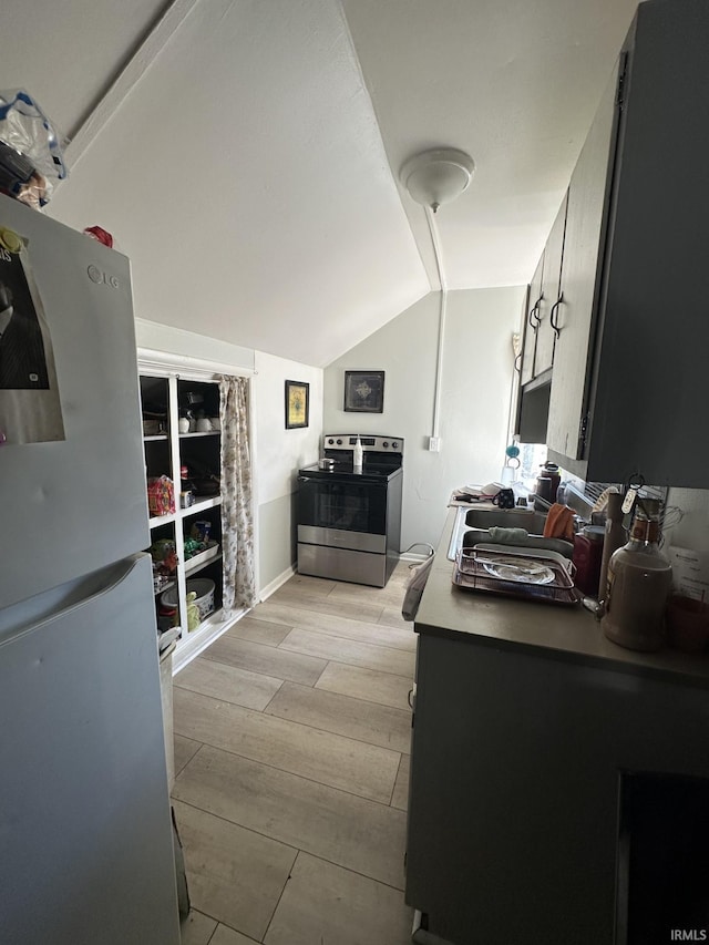 bathroom featuring vaulted ceiling and wood-type flooring