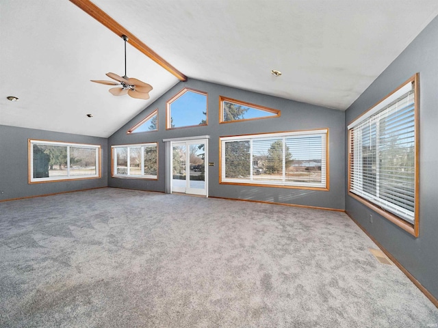 unfurnished living room featuring beamed ceiling, ceiling fan, high vaulted ceiling, and carpet floors