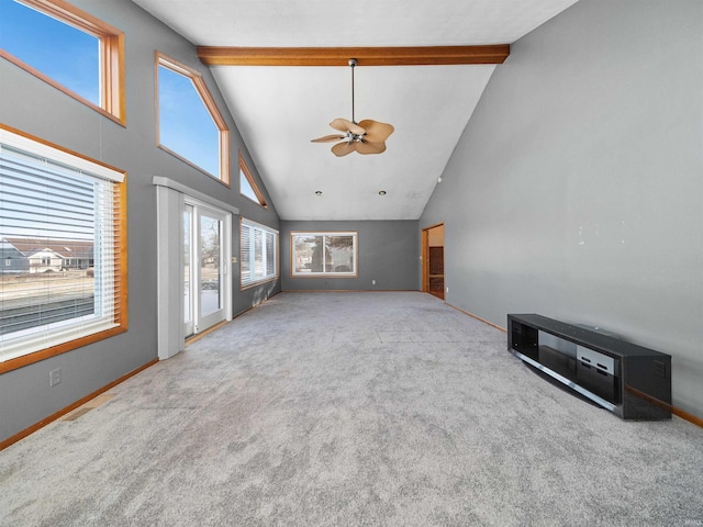 unfurnished living room featuring beamed ceiling, high vaulted ceiling, carpet flooring, and ceiling fan