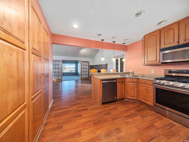 kitchen featuring dark wood-type flooring, sink, decorative light fixtures, vaulted ceiling, and stainless steel appliances