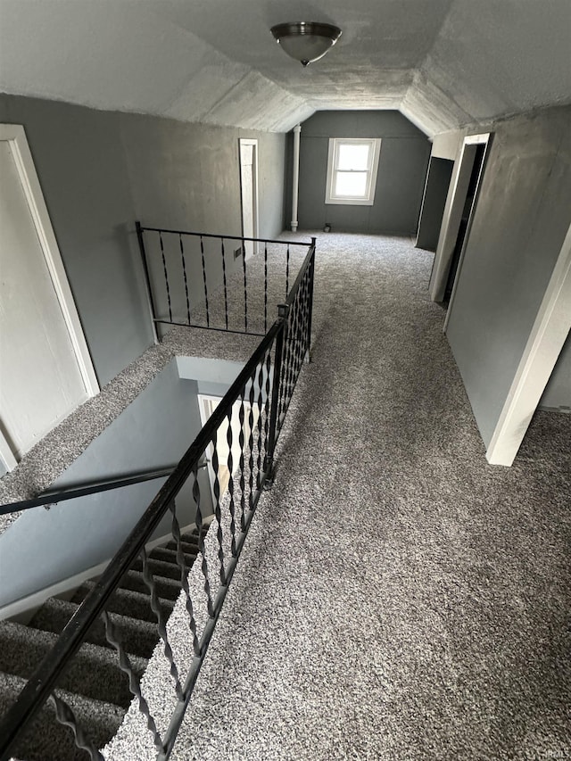 stairs featuring lofted ceiling and carpet floors