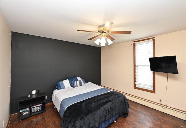 bedroom featuring dark wood-type flooring, ceiling fan, and baseboard heating