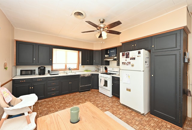 kitchen with ceiling fan, white appliances, and sink