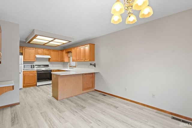 kitchen with sink, kitchen peninsula, pendant lighting, white appliances, and light hardwood / wood-style floors