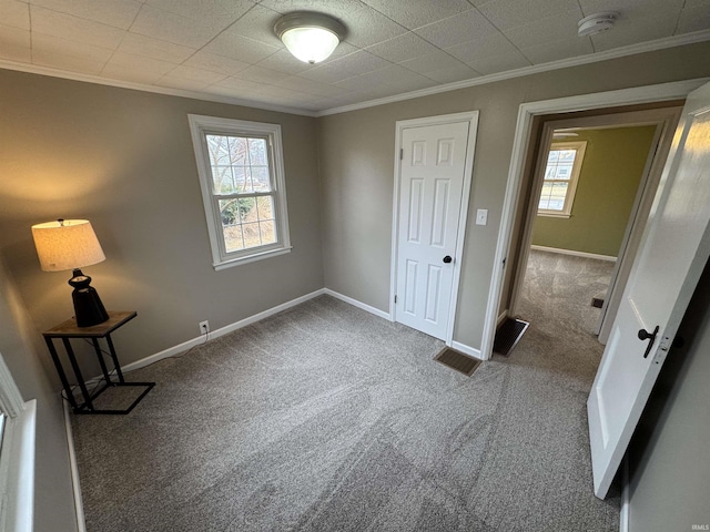 unfurnished bedroom featuring crown molding and carpet floors