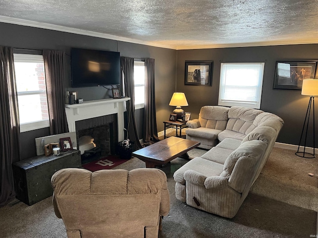 living room with crown molding, carpet floors, a textured ceiling, and a healthy amount of sunlight