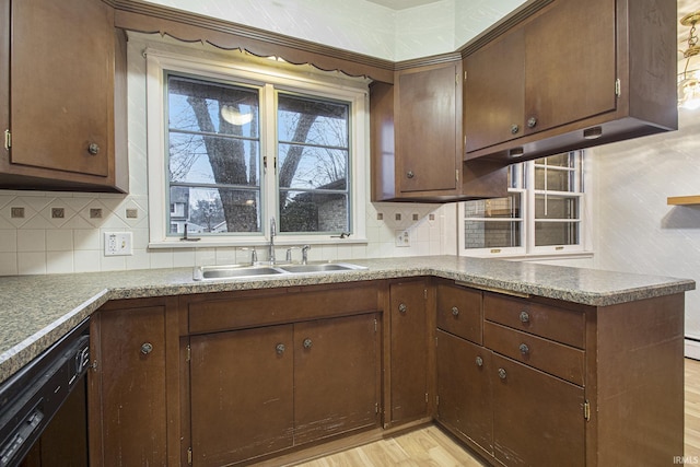 kitchen with tasteful backsplash, sink, light hardwood / wood-style floors, and black dishwasher