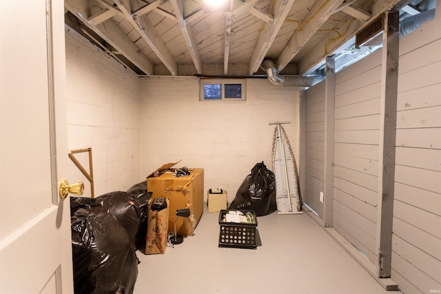 basement featuring wood walls