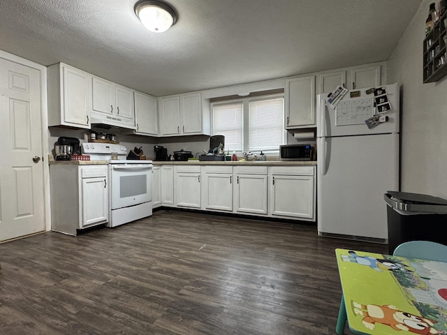 kitchen with white cabinetry, white appliances, dark wood-type flooring, and a textured ceiling