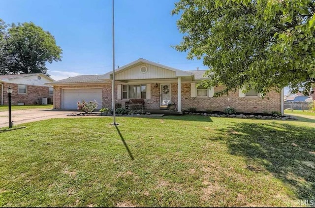 single story home featuring a garage, central AC, a front lawn, and a porch