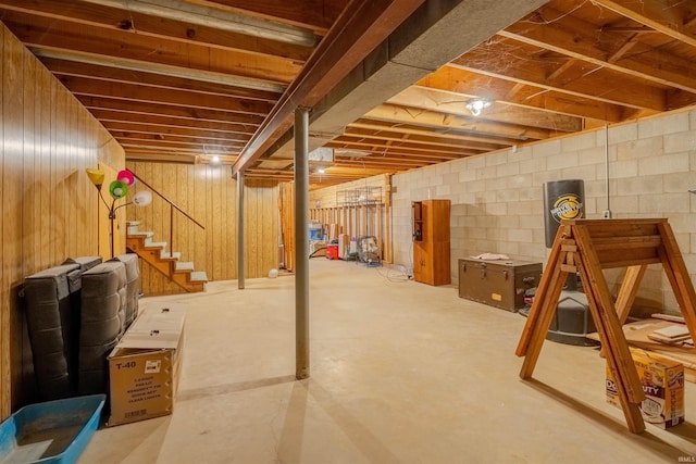 basement featuring wooden walls