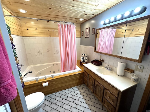 full bathroom with tile patterned flooring, tile walls, wooden ceiling, and shower / bath combo with shower curtain