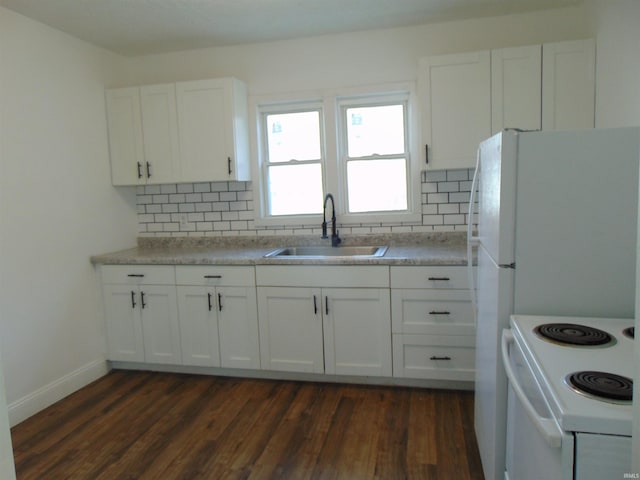 kitchen with sink, dark wood-type flooring, white cabinets, and electric stove