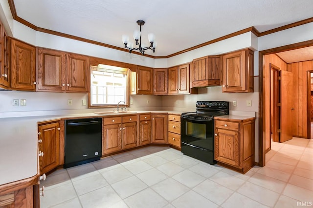 kitchen with crown molding, sink, hanging light fixtures, and black appliances