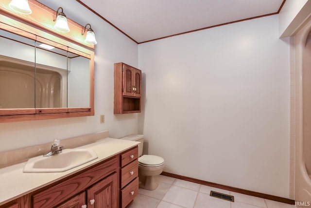 bathroom with vanity, ornamental molding, toilet, and walk in shower