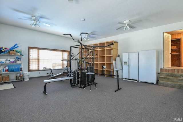 exercise room featuring ceiling fan and carpet floors