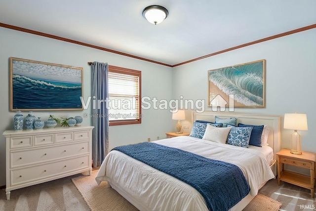 bedroom featuring crown molding and dark colored carpet