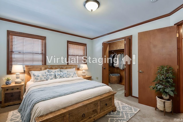 bedroom with light carpet and crown molding