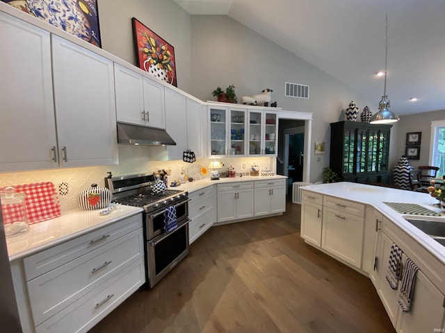 kitchen featuring dark wood-type flooring, range with two ovens, decorative light fixtures, decorative backsplash, and white cabinets