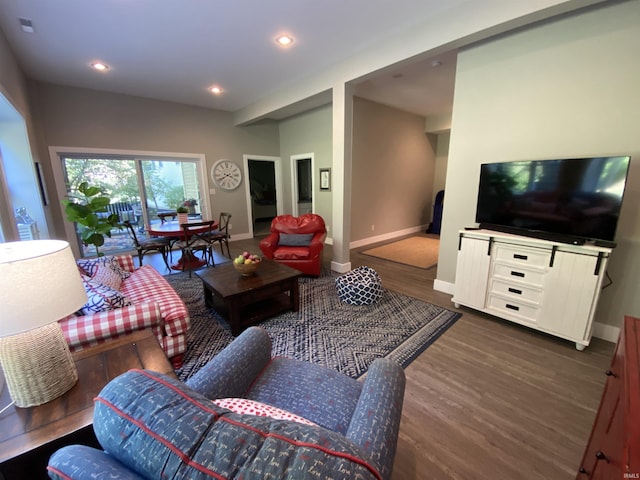 living room with dark hardwood / wood-style flooring