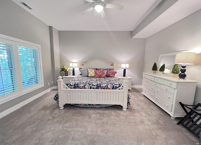 bedroom with ceiling fan and carpet