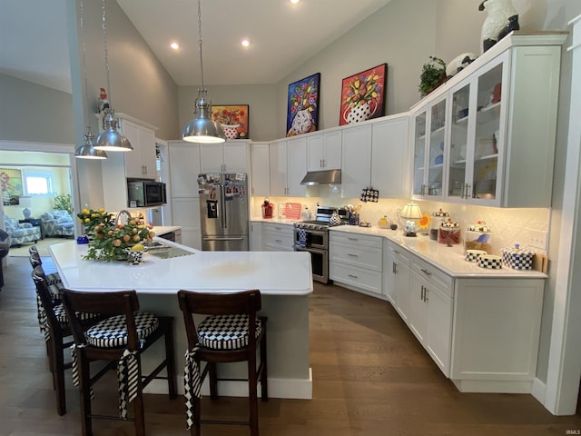 kitchen featuring dark hardwood / wood-style floors, high vaulted ceiling, white cabinetry, a kitchen bar, and stainless steel appliances