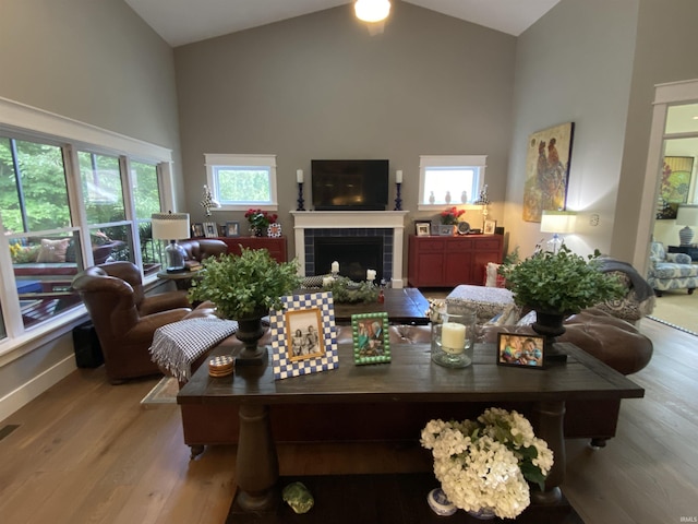 living room featuring high vaulted ceiling, light wood-type flooring, and a fireplace