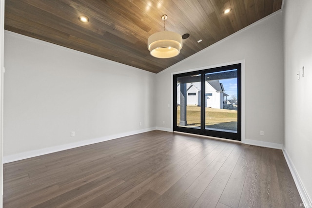 empty room with vaulted ceiling, dark wood-type flooring, and wooden ceiling