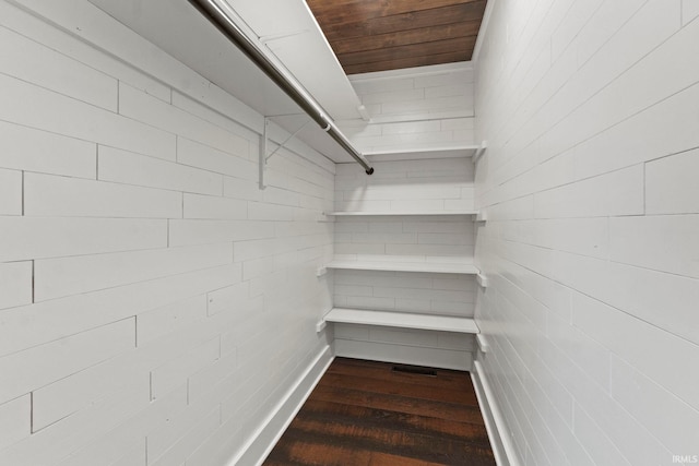 walk in closet with dark hardwood / wood-style floors