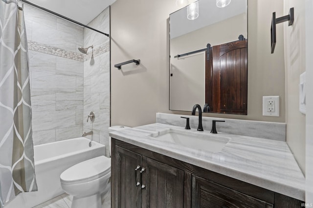 full bathroom with shower / bath combination with curtain, vanity, and toilet