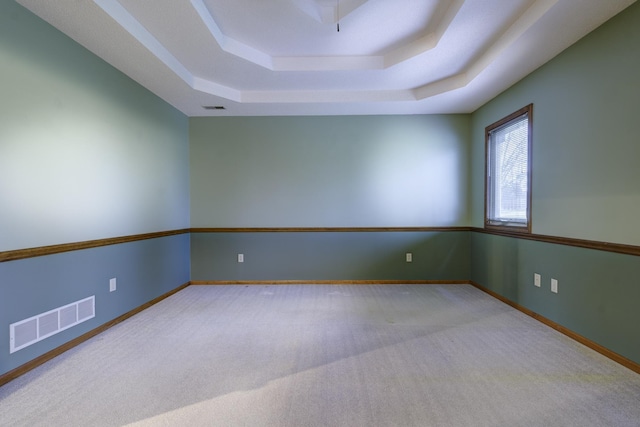 carpeted empty room featuring a raised ceiling