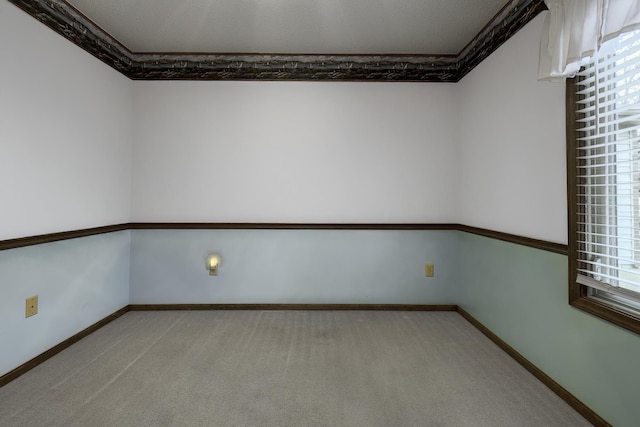 unfurnished room featuring crown molding and light colored carpet