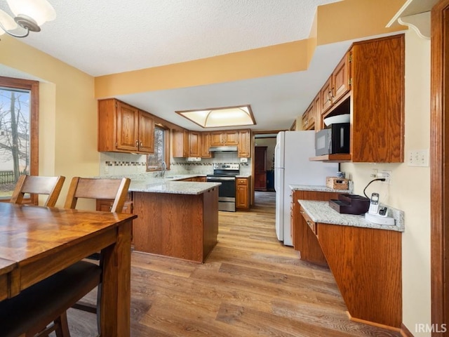 kitchen featuring electric stove, sink, tasteful backsplash, and light wood-type flooring